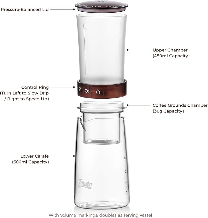 Adjustable Flow Cold Brew Coffee Maker 450ml Glass Ice Drip Tower with Control Valve &amp 500-Mesh Stainless Steel Filter for Smooth Low-Acid Cold Brew Iced Coffee at Home (Translucent Amber)