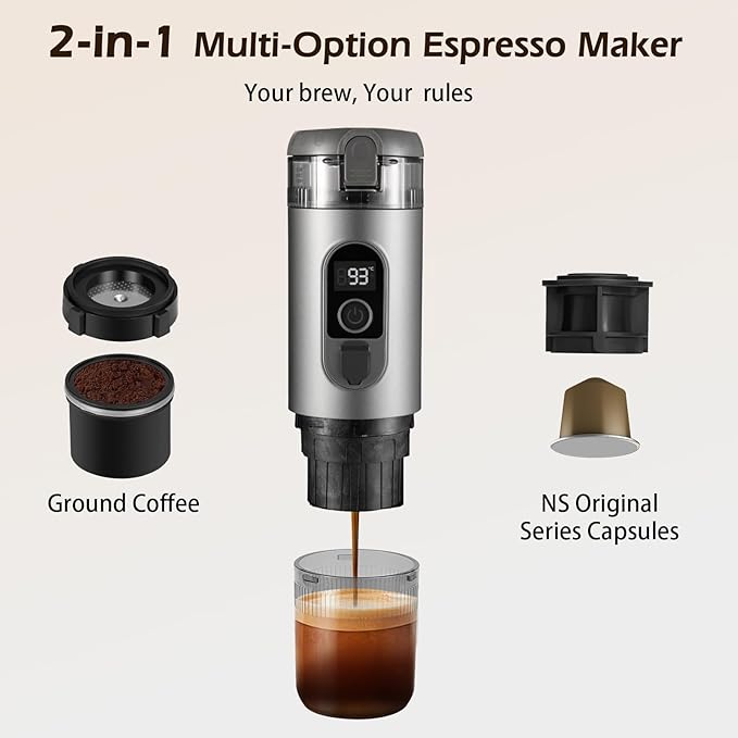 Portable Electric Espresso Machine Self Heating Small Travel Espresso Coffee Maker for Camping RV Hiking Office(Grey)