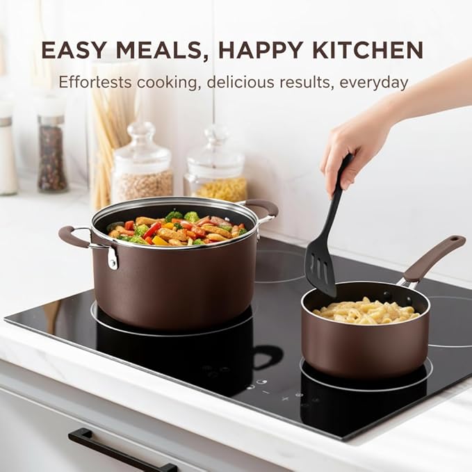 NutriChef 14-Piece Nonstick Brown Cookware Set - Scratch-Resistant Kitchen Pots and Pans with Lids &amp Utensils For All Cooktops - NCCW14SBR