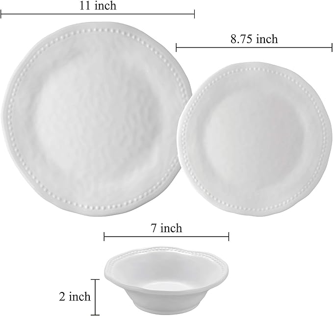 UPware 12 Piece Pebble Melamine Dinnerware Sets Outdoor Dishes Set Plates and Bowls Sets Service for 4 White