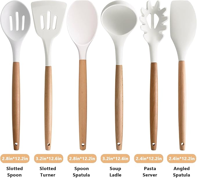 Kitchen Cooking Utensils Set 6Pcs Non-Stick Silicone Kitchen Utensils Spatula Spoon Turner Ladle Pasta Server Heat Resistant Wooden Handle Silicone Cooking Gadgets Sets for Cookware &amp Baking