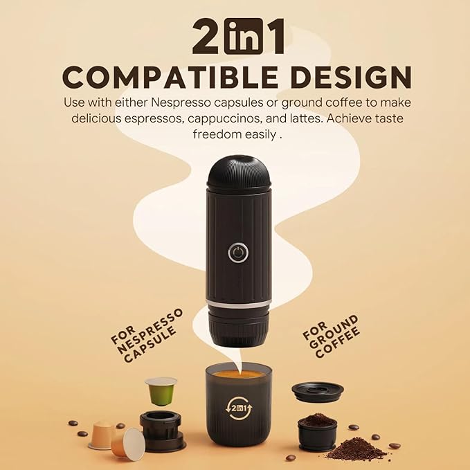 Portable Espresso Machine with 3-4 Min Self-heating 12V Rechargeable Electric Coffee Machine 19 Bar Compatible with NS Capsules and Ground Coffee for Car Camping Travelling