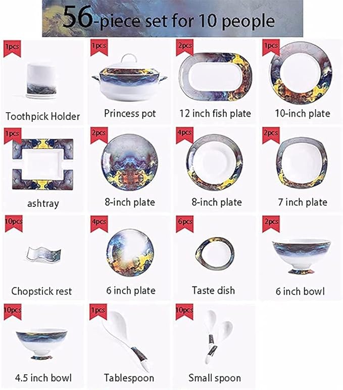 Dining Plate Set 56-Piece Dinnerware Sets American Light Luxury Plate and Bowl Set Ceramic Bone China High-end Dishware Sets for 10 People