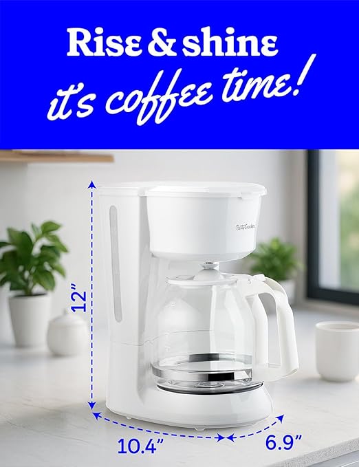 Betty Crocker 12-Cup Drip Coffee Maker with Heat Resistant Glass Carafe Removable Permanent Nylon Filter Pause &amp Pour Water Level Gauge Non-Stick Warming Plate BC-5729W White