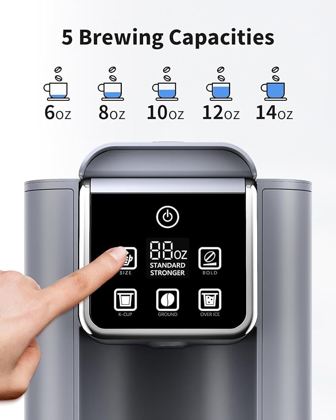 Hot &amp Iced Coffee Maker with Bold Setting Single Serve Coffee Maker for K Cup and Grounds 6-14 Oz Brew Sizes 50 Oz Removable Water Tank One Cup Coffee Machine with Reusable Filter Grey