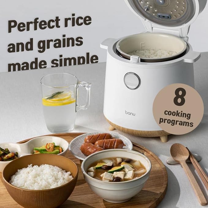 Banu Mini Low Carb Rice Cooker Japanese Low Carb Rice Cooker 3 Cups (white rice) 1 Cup (Low carb rice) Uncooked with Stainless Steel Steamer Rice Maker Low Sugar Rice Function 24H Delay Timer &amp