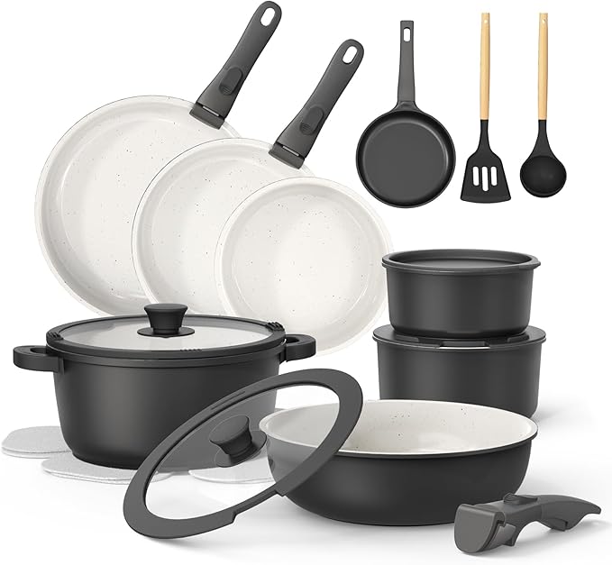 23Pcs Pots and Pans Set Non StickTitanium-Reinforced Ceramic Cookware Set with 3 Removable HandlesScratch-Resistant &amp PFAS-FreeInductionOvenDishwasher SafeStackable Space-Saving for RV &amp