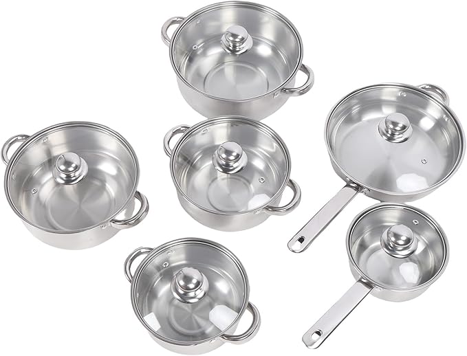 6 Pcs Stainless Steel Pots and Pans Set Even Heating Thickened Easy to Cookware Set with Lids for Kitchen