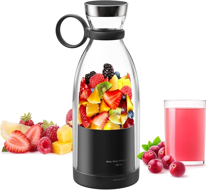 Asa Vea Mini Blender for Smoothies and Milkshakes Portable Blender Rechargeable Personal Size Blender with Quota Outer Travel Lid with 4 Blades 11 oz for Outdoors Camping (Black)