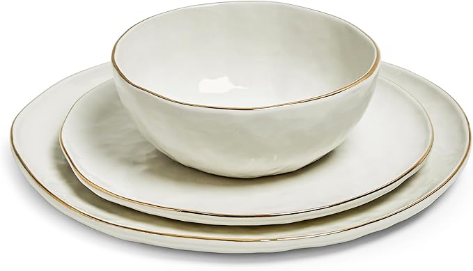 Sango 12-Piece Lightweight Porcelain Dinnerware Set for 4 Glossy Vanilla White Plates and Bowls Sets Gold Rims Farmhouse Ceramic Dish Set Rustic Dishes Microwave and Dishwasher Safe Gansevoort