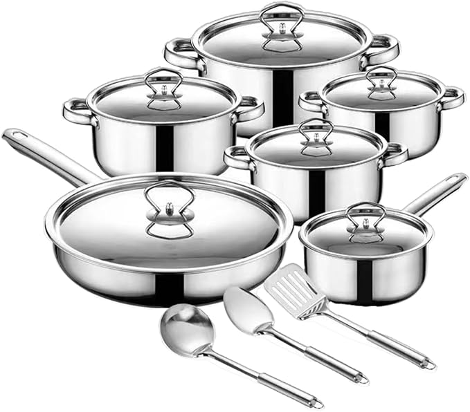 Stainless Steel Cookware SetCooking Set15-Piece Set Includes Stainless Steel Lids A Turner spatulaLadle and Cooking SpoonSuitable for kitchen Use