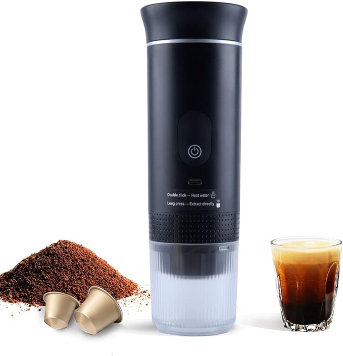 Portable Coffee Maker Espresso Travel Machine – Self-Heating Electric Espresso Maker Compatible with Ground Coffee Ideal for Travel Camping Office