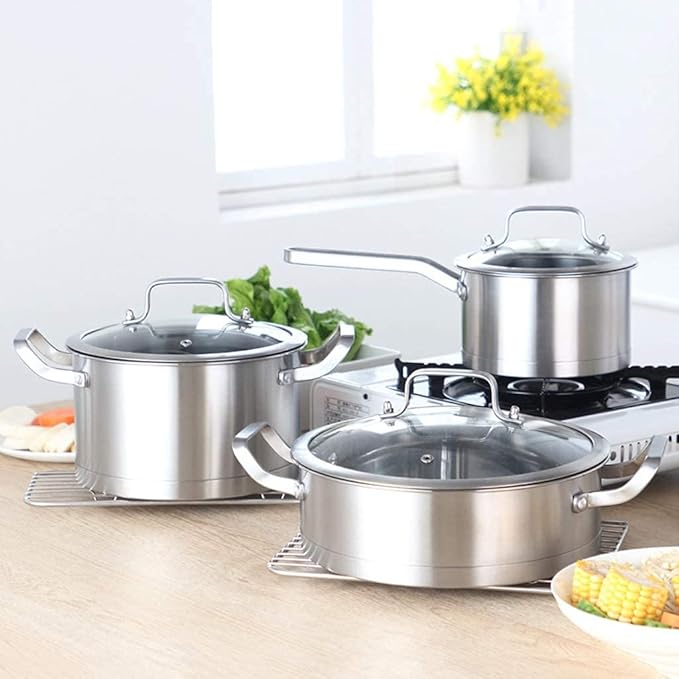 Cookware Set Kitchen Stainless Steel Soup Pot Saucepan Induction Safe Thickened Frying Pan Saucepan with Glass Lid 3 PCS/Set(