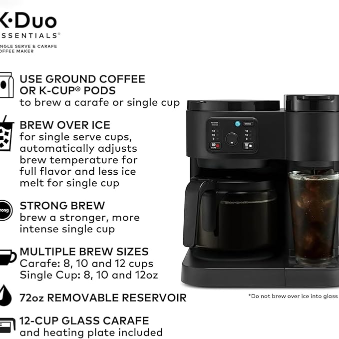 K-Duo Essentials Coffee Maker for Hot and Iced Drinks Single Serve KCup Pod Brewer and 12 Cup Carafe Drip Coffee Pot 72 oz Water ReservoirPause &amp Pour Feature Perfect for Home &amp Office Use