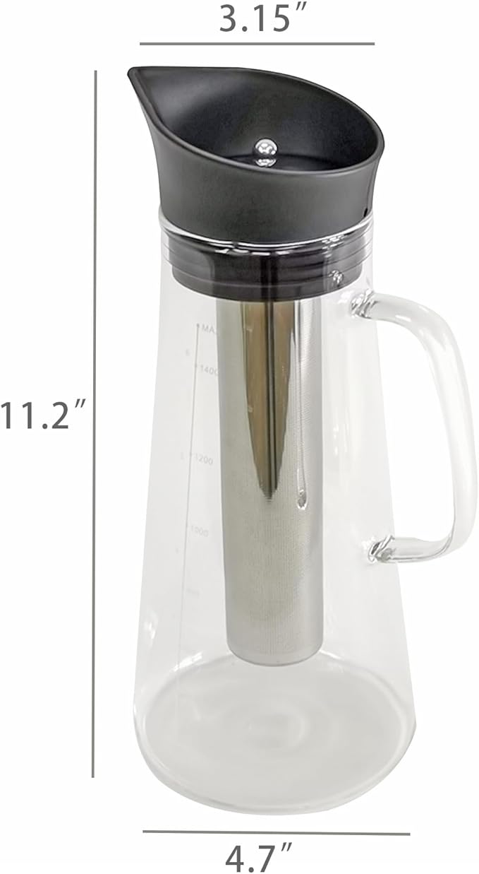 FixtureDisplays® 51oz/1.5L Cold Hot Full Immersion Brew Iced Coffee Maker Pitcher and Ice Tea Brewer with Spout &amp Silicone Seals Glass Pitcher with 304 Stainless Steel Fine-Mesh Filter 22112-2D