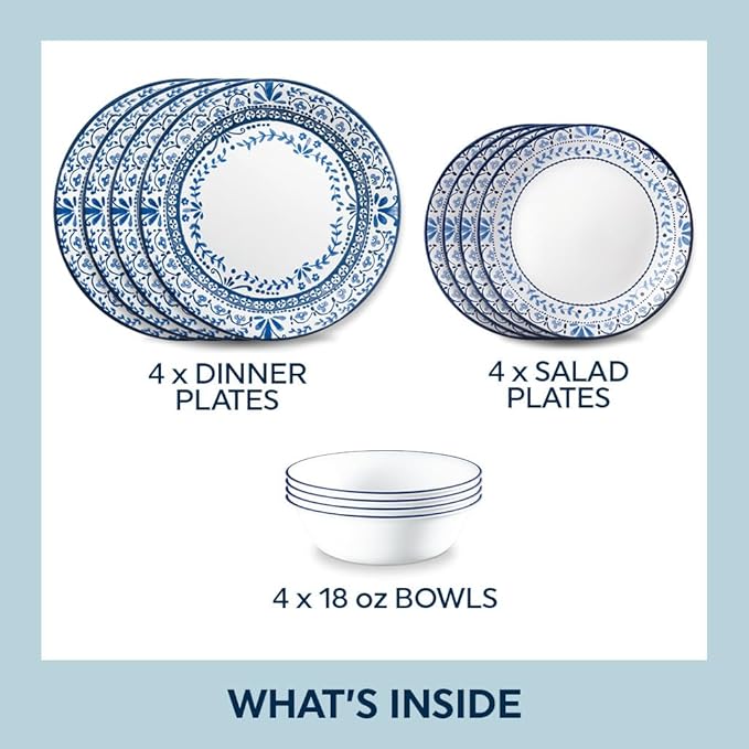 Corelle Vitrelle Glass Dinnerware Set Chip &amp Crack Resistant Triple Layer Glass 12-PC Dinnerware Set Portofino