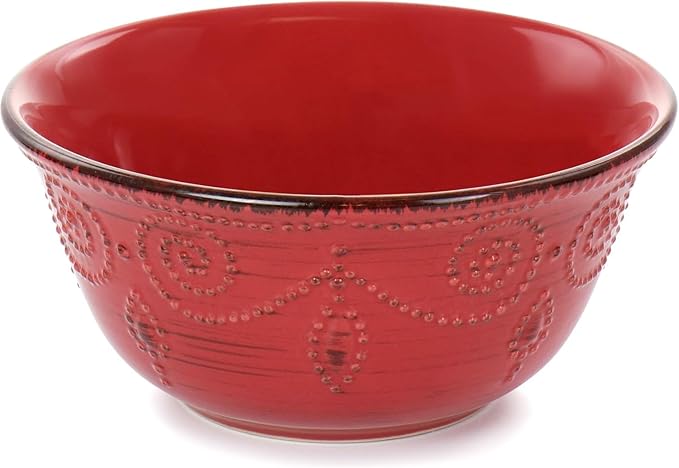 16 Piece Stoneware Dinnerware Set – Rustic Birch Embossed Plates and Bowls Dishwasher &amp Microwave Safe Dinner Set for 4 Elegant Scalloped Edges and Wood-Inspired Design (Red)