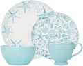 Pfaltzgraff Venice 16-Piece Stoneware Dinnerware Set Service for 4 Aqua and White Color Combination Durable and Chip Resistant Microwave Safe