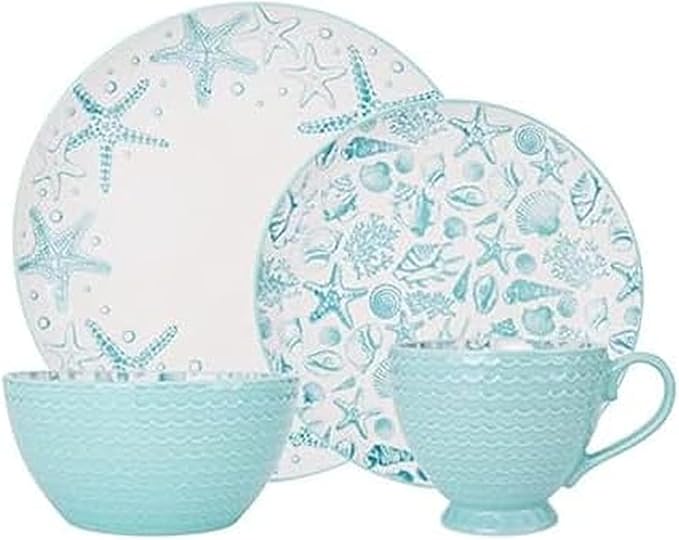 Pfaltzgraff Venice 16-Piece Stoneware Dinnerware Set Service for 4 Aqua and White Color Combination Durable and Chip Resistant Microwave Safe