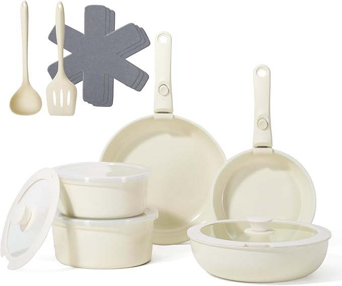 Pots and Pans Non Stick16Pcs Ceramic Nonstick Cookware Sets Induction Kitchen tagines Set with Removable Handle Cooking Frying Pans &amp Saucepans(PFOA Free) Oven/Dishwasher/Fridge Safe Space Sa