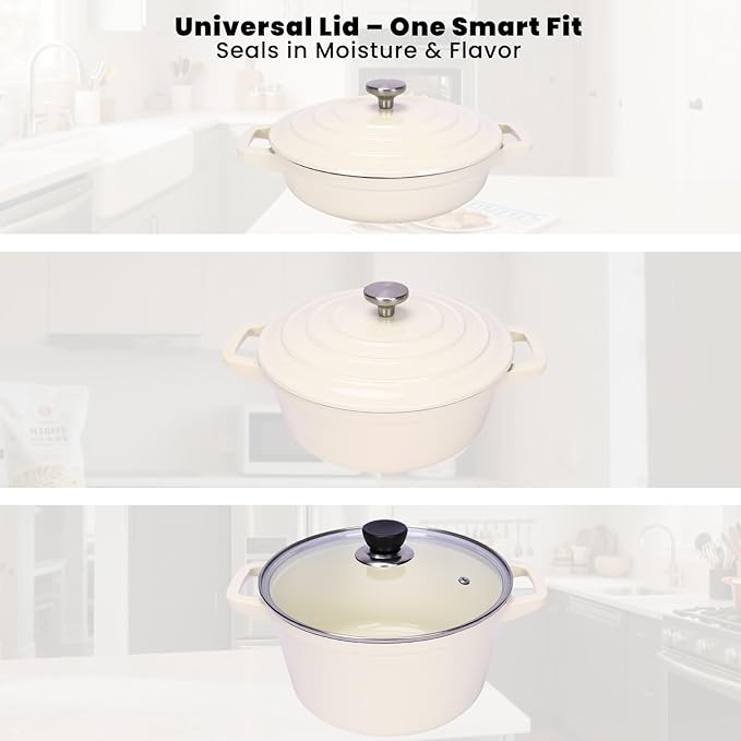 QuliMetal Enameled Cast Iron Set 5-Pc 10 Stackable Space-Saving Cookware Set Dutch Oven Skillet Grill Pan with 2 Universal Lid Versatile Enamel Dutch Oven Included Spacers White