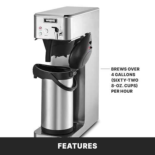 Waring Commercial WCM70PAP Café Deco Automatic Airpot Coffee Brewer Stainless Steel Construction Hot water faucet Plumbed 120V 5-15 Phase PlugSilver/ Black
