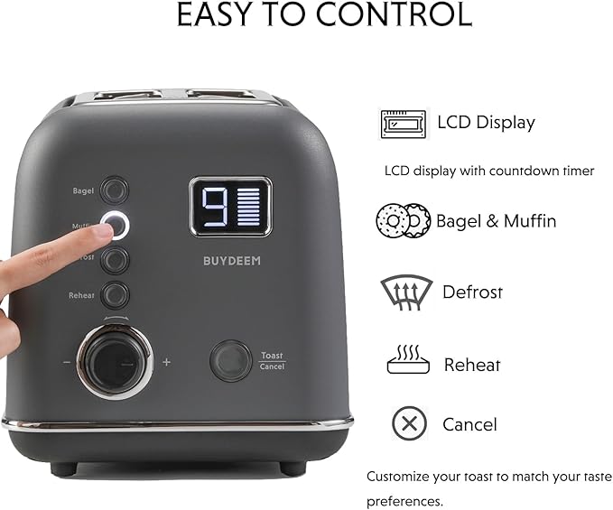 BUYDEEM DT730 Motorized Toaster 2-Slice Smart Digital Leverless Toaster with LCD Countdown Timer 9-Shade Settings for Toast Bagels Waffles Muffins