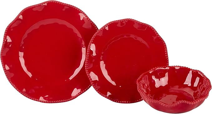 Perlette Red Melamine Dinnerware Set – 12-Piece Scalloped Plates &amp Bowls Vibrant Glossy Finish Elegant Beaded Rim Durable &amp Lightweight – Service for 4 Indoor/Outdoor Use
