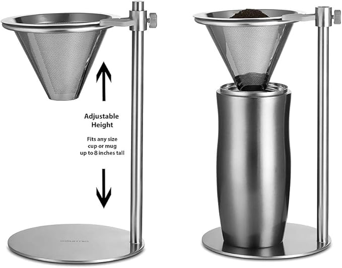 Stainless Steel Adjustable Pour Over Coffee Maker Adjustable Stand Double Layer Filter Freestanding Drip Cone Brewer and Stand Make Coffee Directly into Mug Cup or