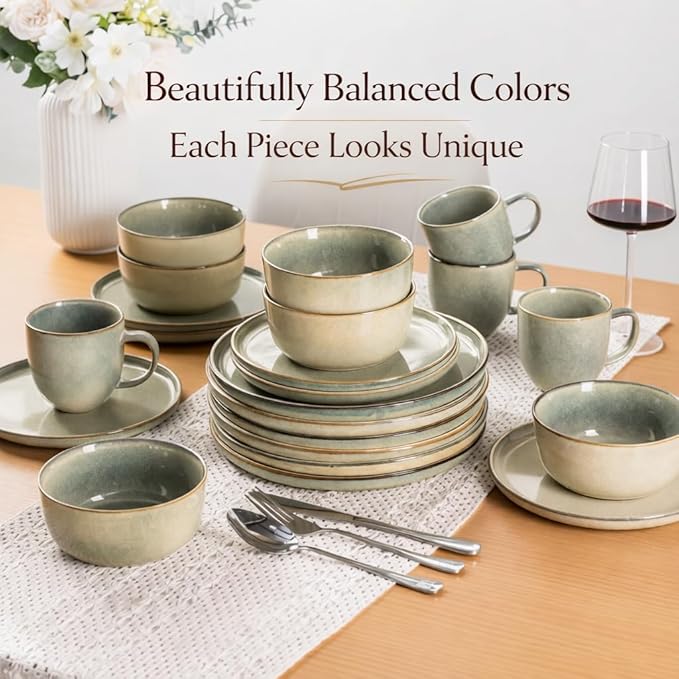 AmorArc Ceramic Dinnerware SetsRound Reactive Glaze Stoneware Plates and Bowls SetHighly Scratch Resistant | Dishwasher &amp Microwave Safe DishesService for 6 (18pc)