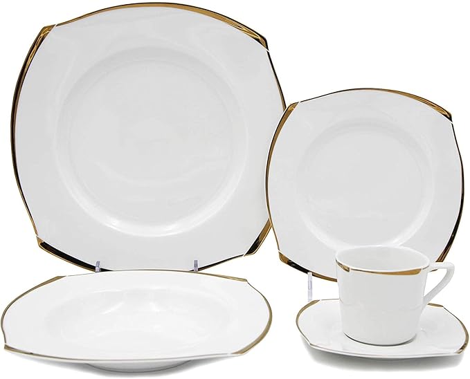Royalty Porcelain Fancy Square Design 20-pc Dinnerware Set 'Golden Wave' Premium Porcelain