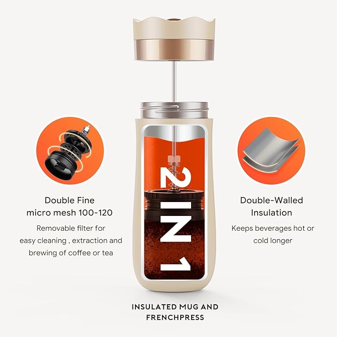 Travel French Press Coffee Maker 12oz Portable French Coffee Cup Double Walled Stainless Steel Vacuum Insulated Coffee Mug and Tea Maker Mini Vacuum Great for Camping and Traveling