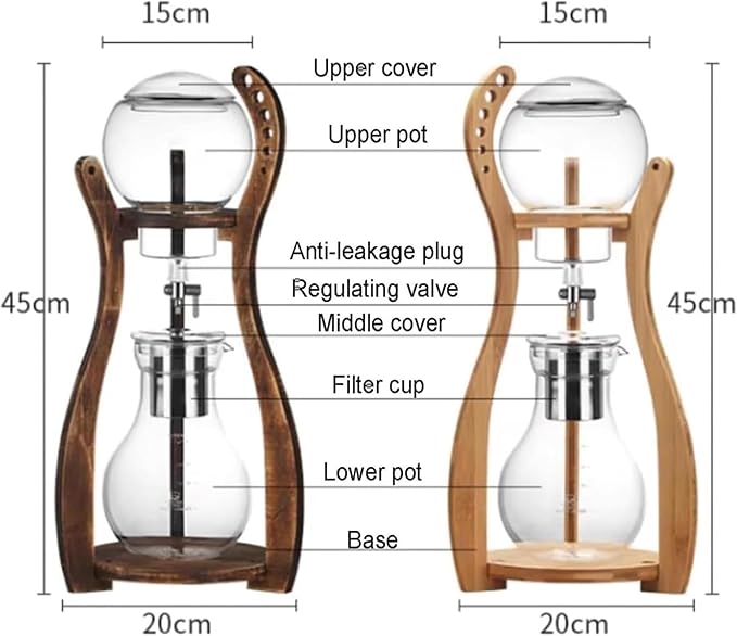 Wooden Support Drip Coffee Maker 800ML/27OZ Iced Coffee Brewer Maker with Stainless Steel Filter &amp Durable Glass Adjustable Water Flow Dripper 6-8 Cup Capacity Suit for Coffee Tea