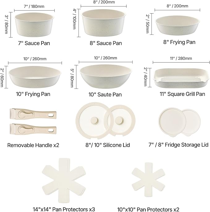 Happybuy 17-Piece Nonstick Cookware Set with Detachable Handles – Space-Saving Induction-Compatible Kitchen Kit for RVs Ovens &amp All Stovetops Includes Frying Pans Saucepans &amp Glass Lids (Wh