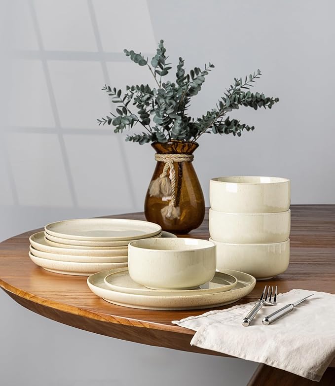 TheTerra Ceramic Dinnerware Sets for 4 12 Pieces Handmade Reactive Glaze Plates and Bowls Set Scratch Resistant Dish Set Oven &amp Microwave &amp Dishwasher Safe Cappuccino