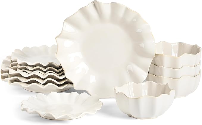 Marchesa Lotus 12-Piece Dinnerware Set Stoneware Plates and Bowls Set Dishwasher and Microwave Safe Dish Set for 4 White
