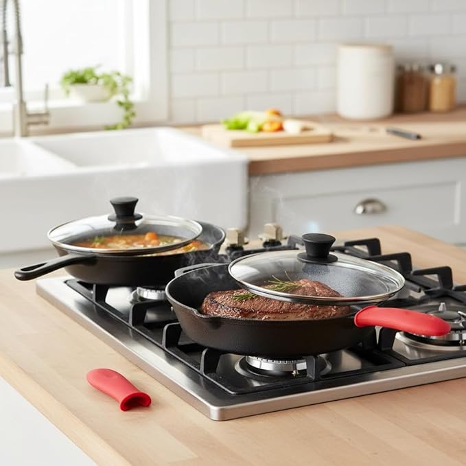 9-Piece Cast Iron Skillet Set with Lids 6/8/10 Inch Skillets &amp Red Silicone Holders Stovetop Oven Grill Multipurpose Cast Iron Cookware Set