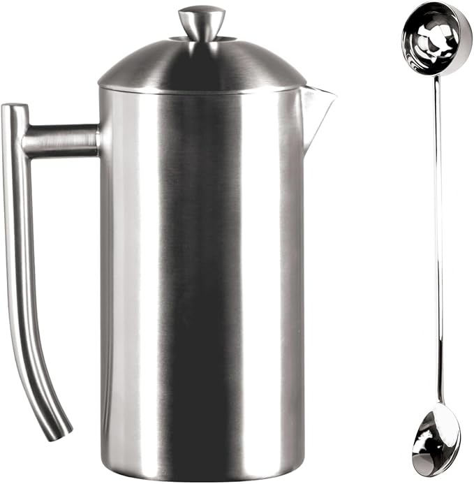 Frieling Double-Walled Stainless-Steel French Press Coffee Maker Brushed 44 Ounces Plus 18/10 Stainless Steel Coffee Scoop/Stirrer 2 TBLS