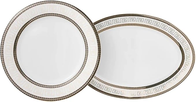 57-pc Bone China Porcelain Dinnerware Set w/Ornamented Rims Super White Elegant Dinner Set Dinner Soup Salad Plates Creamer Teapot Tea Cups and Saucers Set for 8