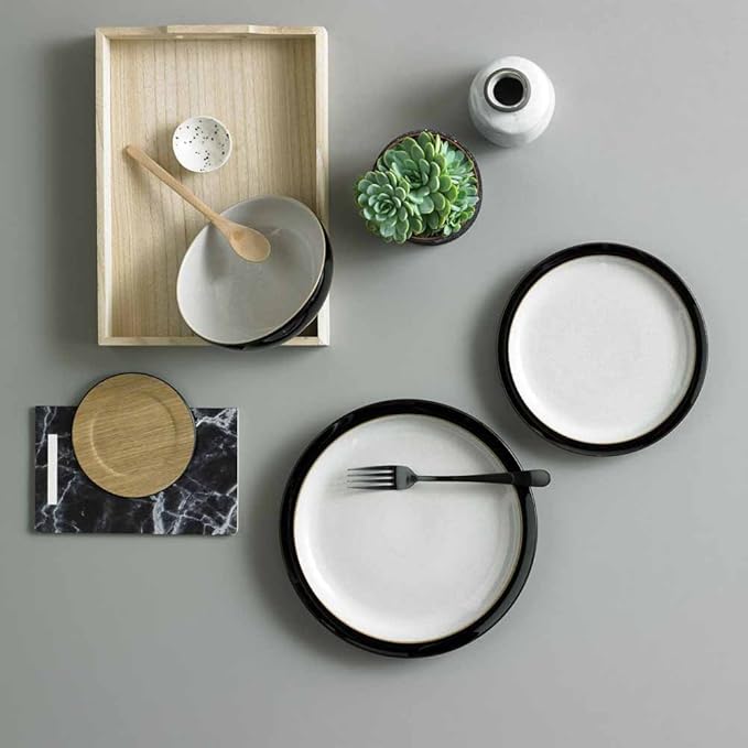Denby Elements Black Dinnerware Set - 4/12 Piece Ceramic Tableware - Dishwasher &amp Microwave Safe - 4 Dinner Plates 4 Medium Plates 4 Cereal Bowls