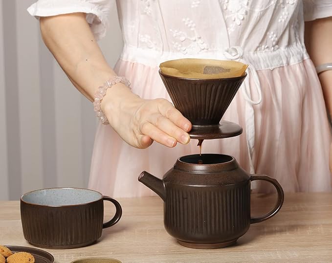 Pottery Pour Over Coffee Maker Ceramic Cone Filter Hand Drip Coffee Dripper Reusable Stoneware Pourover Coffee Brewer Size 02 (Rustic Chocolate Brown)