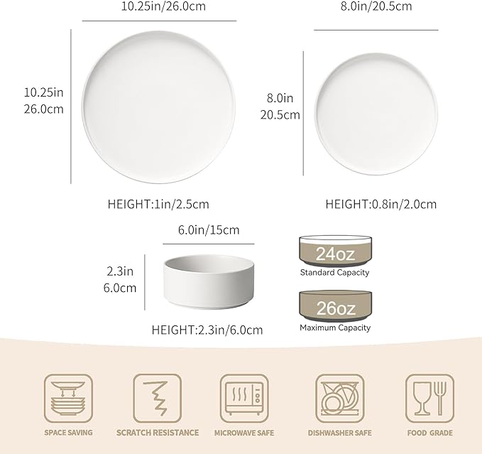 GZG Classic Series - Plates and Bowls Set for 6 18 Piece Stoneware Dinnerware Sets Microwave and Dishwasher Safe Lead-Free Handcrafted Ceramic Dishes Set - Ivory White