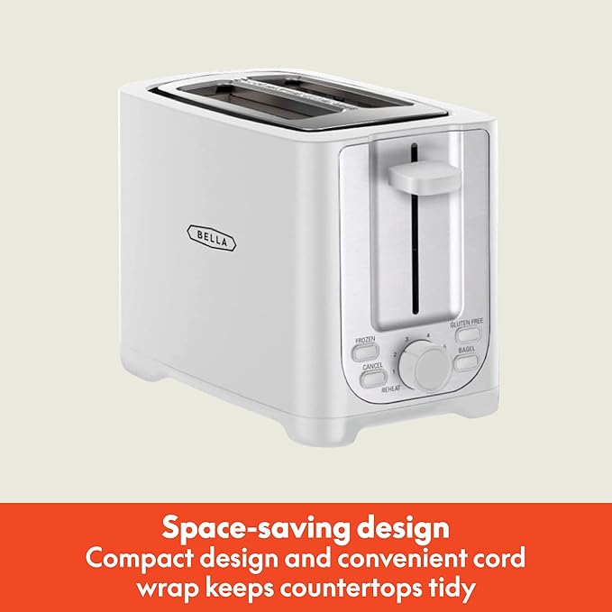 bella 2 Slice Toaster with Auto Shut Off - Extra Wide Slots &amp Removable Crumb Tray and Cancel Defrost &amp Reheat Function - Toast Bread Bagel &amp Waffle White