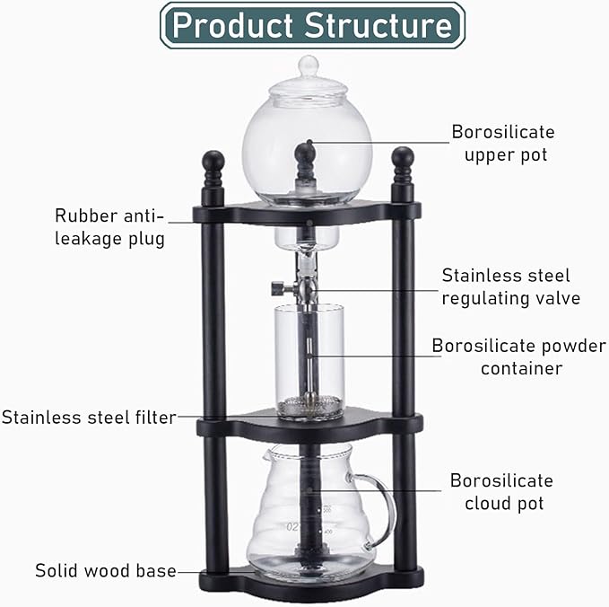 Cold Brew Drip TowerCold Brew Drip Coffee MakerIced Coffee Drip Pot Cold-Drip Coffee Tower600ml Large CapacityWooden Cold Brew Drip Tower (A)
