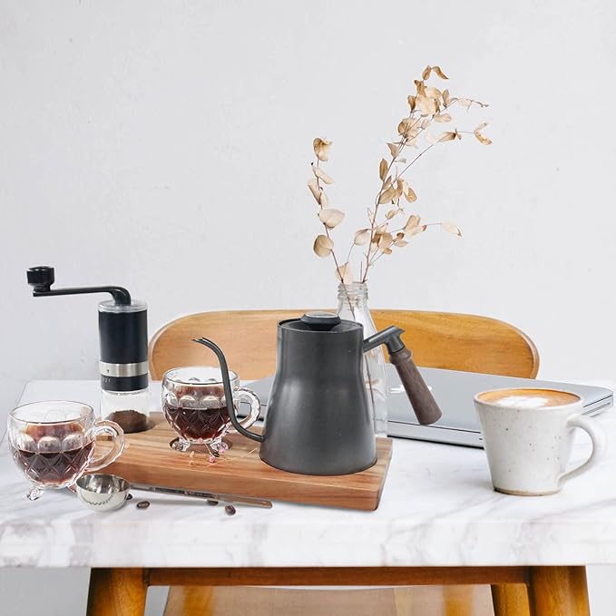 SOTECH Portable Coffee Maker Set Tea Set And Tray Manual Grinder Stainless Steel Scoop &amp 2 Glass Cups and Wooden Tray