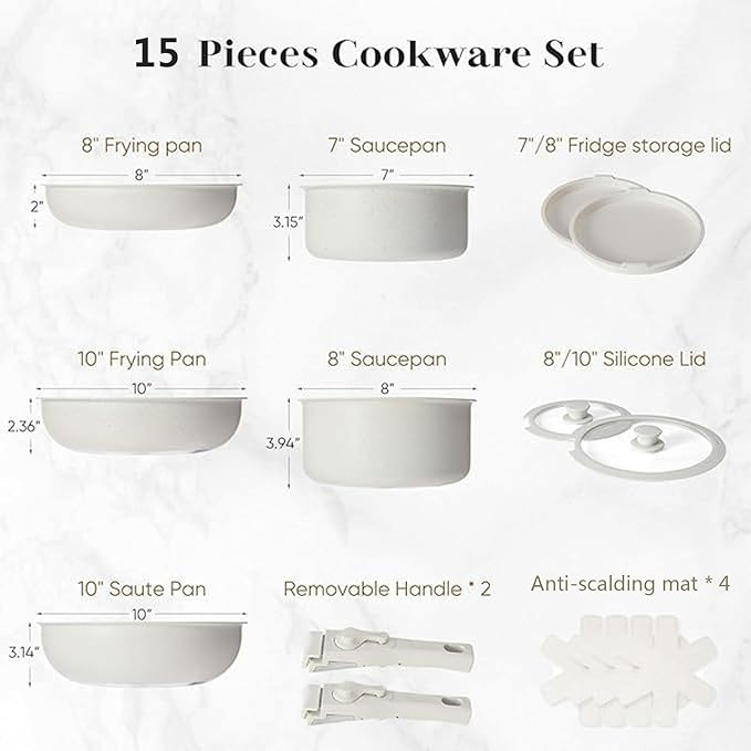 Kitchen Cookware Set Nonstick with Detachable Handle Pots and Pans Set with Lids Induction Cookware Nonstick Cooking Set Oven Safe Stain &amp Scratch-Resistant15 Pieces