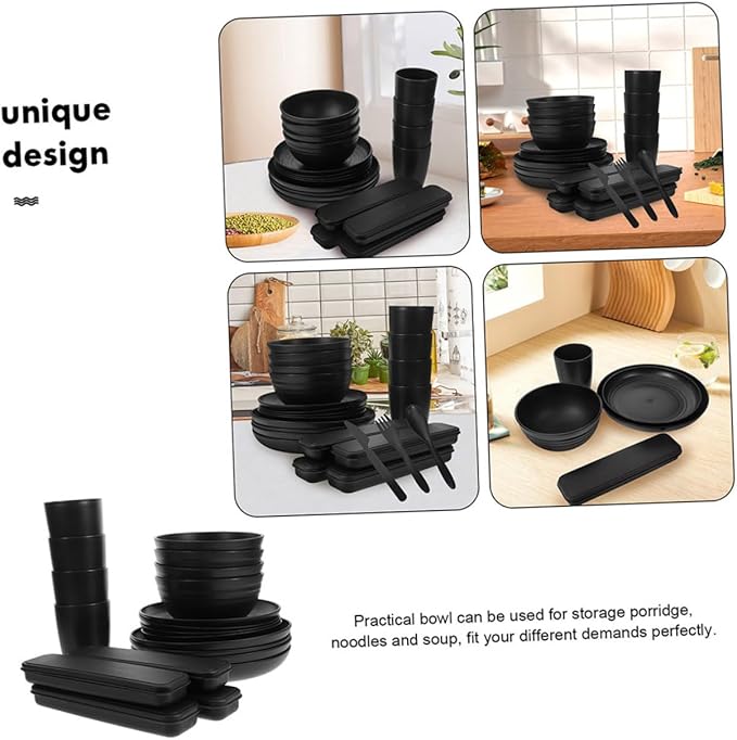 20pcs Black Dinnerware Set for 4 People with Cutlery Bowls Plates and Cups – Reusable Portable Utensils for Picnic and Camping Lunch Boxes