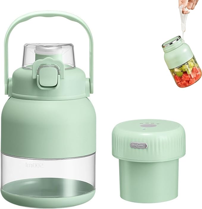 Electric Citrus Juicer 17 Oz Portable Blender for Shakes and Smoothies Rechargeable Mini Blender Cup Exprimidor de Naranjas Electrico with Straw and Two Lids for Home Travel Camping(1300MLGreen)