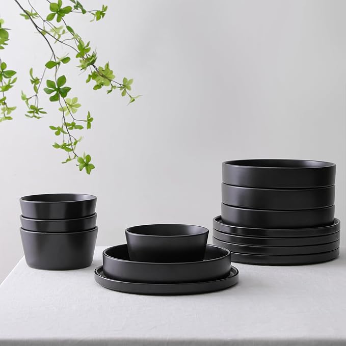 Stone Lain Celina Stoneware 12-Piece Dinnerware Set Cereal and Pasta Bowls Black Coupe