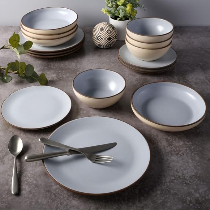 Sleek &amp Artistic 16 Piece Elegant 2 Toned Rustic Dinnerware Set for 4 | Matte Glaze Finish With Striking Detail Light Blue/Beige Color Smooth Textured |Microwave &amp Dishwasher Safe Luxury Appea